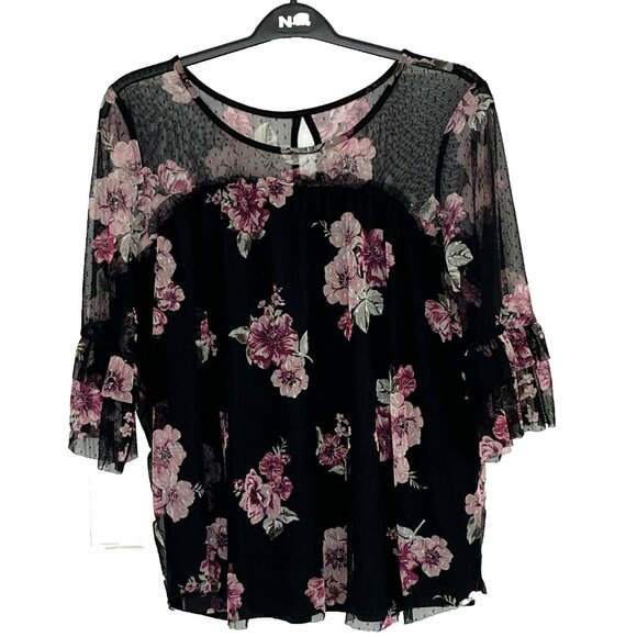 No Boundaries Top 2XL (19) Sheer Mesh Dark Floral Fairy Grunge Bell Sleeve - Picture 1 of 9